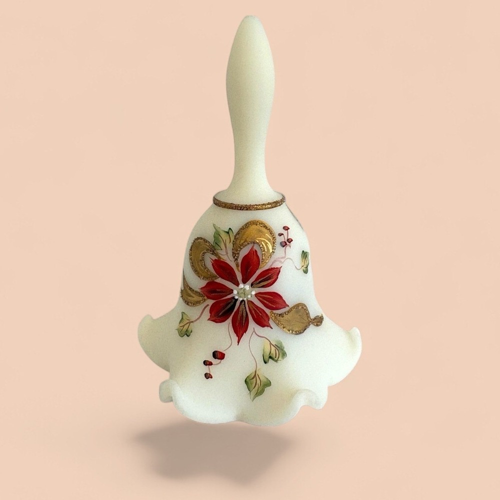 Fenton Hand Painted Satin Glass Christmas Poinsettia Bell Signed G Smith 6.75"